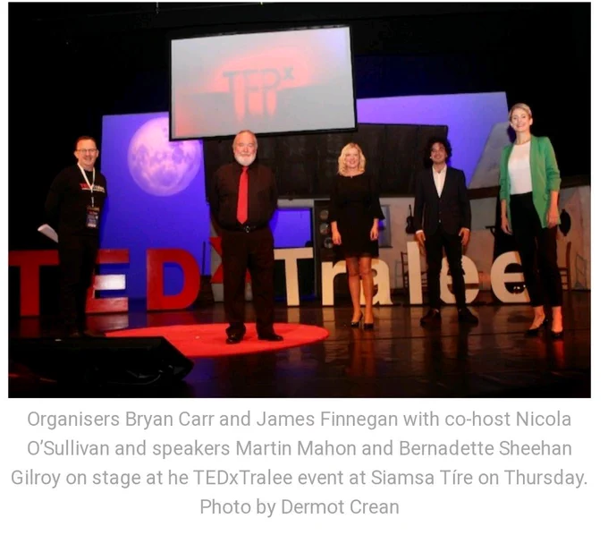 A picture of organisers Bryan Carr and James Finnegan, co-host Nicola O Sullivan and speakers Martin Mahon and Bernadette Sheehan Gilroy.