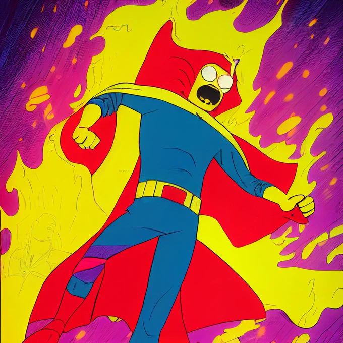 AI-generated vibrant coloured comic panel in a cel shading hand-drawn style. Depicts a heroic superhero who has just vanquished a villain.