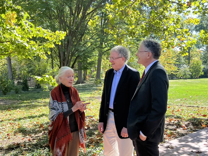 Jane Goodall with Dr. Jeff Gordon and colleague on the Washington University St. Louis campus.