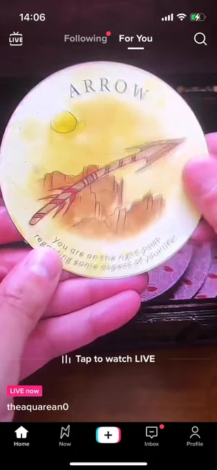 somebody with weird white balance causing their hands to look bright pink holding up a round card that's labeled "arrow" and says "you are on the right path regarding some aspect of your life"