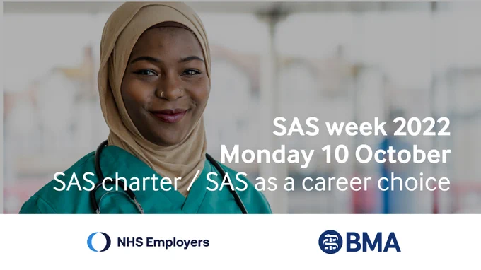 A photo of a woman in scrubs smiling to camera. The caption says: SAS week 2022, Monday 10 October, SAS charter / SAS as a career choice