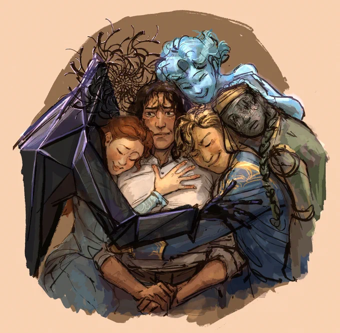 The second image shows the same version of the Shakadolin hug, but now with all their spren joining in. Patter leaning over Shallan from the left, all angular, dark and glassy. His arm is a bit transparent. Maya, still a deadeye is leaning on Adolin from the right, her head resting on the back of Adolin's. And Syl snuggles in from above, smiling cheerfully, with her left hand carefully lying on top of Maya's head.]