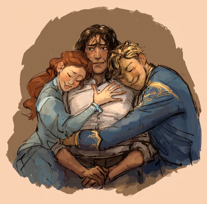 The first image is Kaladin being Sandwich hugged by Shallan and Adolin from both sides. Kaladin sits in the middle in white button down, a little bit stiffly and perplexed, glancing down towards Shallan, but also with a deep blush on his face and the corner of his mouth curling into a half smile. His hands clasp each other in his lap. Shallan and Adolin are blushing, too, but blissfully so as they both lean against their bridgeboy with closed eyes.