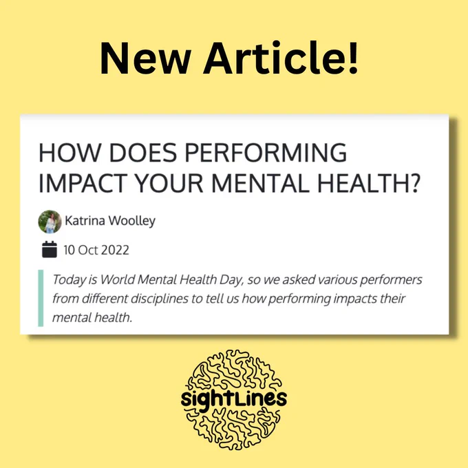 A yellow square with the words 'New Article!' at the top, underneath a screenshot of an article titled 'How does performing impact your mental health?' and underneath that the Sightlines logo