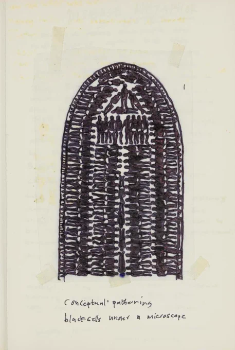 A black and white pen drawing of a slave ship cross section labelled ‘conceptual patterning – black cells under a microscope’.