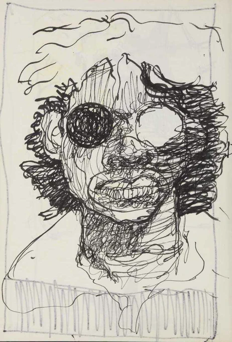 A black and white pen sketch of a face with large circles for eyes.