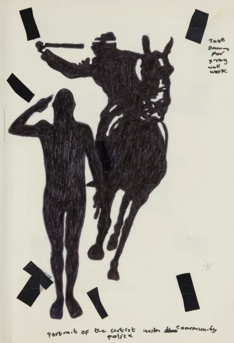 A black and white pen drawing of a policeman on a horse about to strike a saluting man, labelled ‘portrait of the artist with community police’.