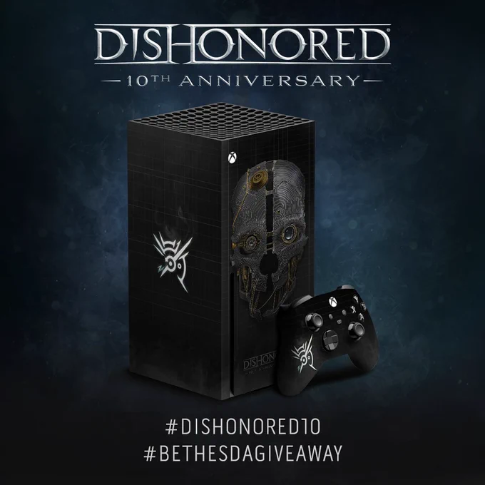 Image displaying a custom Xbox Series X  and Controller that has the Dishonored logo on the side and Corvo's mechanical mask on the front of the device. A logo that reads "Dishonored 10th Anniersary" is at the top and #Dishonored10 and #BethesdaGiveaway are at the bottom of the image.  