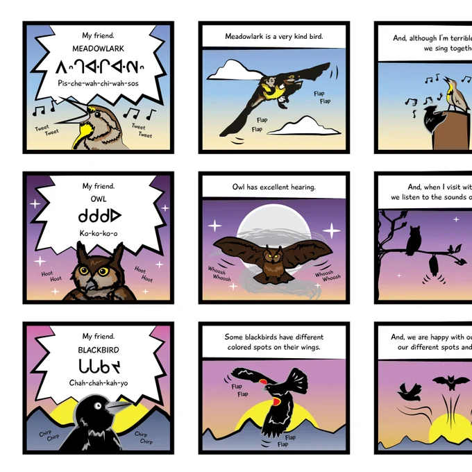 A set of frames from a Native comic book, featuring a meadowlark, an owl, and a blackbird 