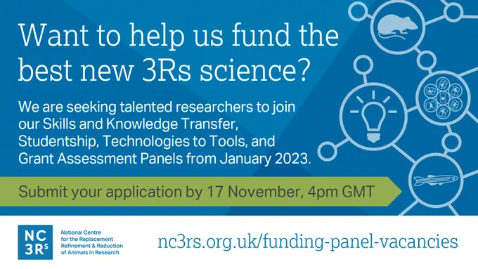 Want to help us fund the best new 3Rs science? We are seeking talented researchers to join our Skills and Knowledge Transfer, Studentship, Technologies to Tools and Grant Assessment Panels from January 2023. Submit your application by 17 November, 4pm (GMT).