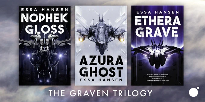 "The Graven Trilogy" with the three book covers lined up for Nophek Gloss (black), Azura Ghost (white), the Ethera Grave (purple), on a cloudy background of pastel iridescence
