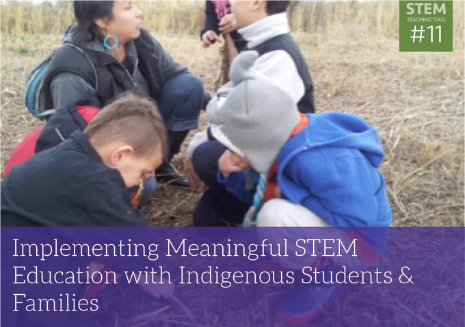 Resource image for the first linked resource. It shows an Indigenous teacher talking with young students out in a field. 