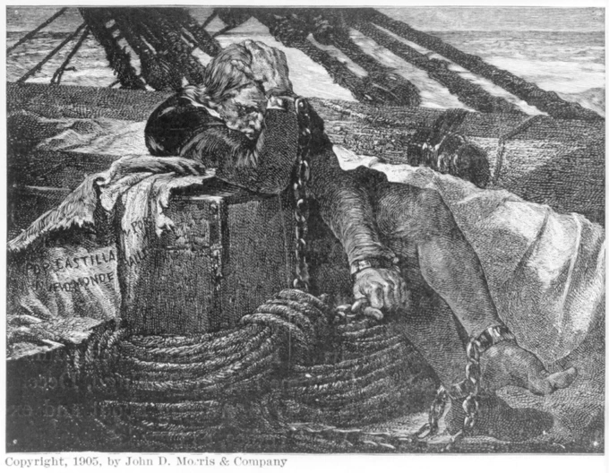 Engraving of Columbus returning to Spain in chains on board a ship. Engraving after painting by Marechal, Paris Salon, 1857.
