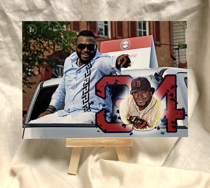 Mixed media artwork featuring a photo of David Ortiz taken during the Hall of Fame’s Parade of Legends and a hand-cut Allen & Ginter trading card