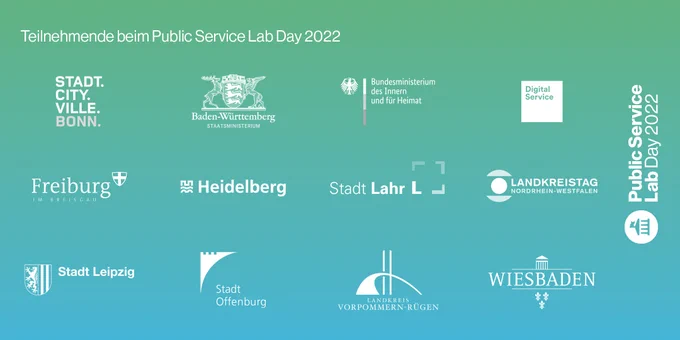 Teilnehmende öffentliche Organisationen beim Public Service Lab Day 2022: Stadt Bonn, Staatsministerium Baden-Württemberg, Bundesministerium des Innern und für Heimat, DigitalService des Bundes, Stadt Freiburg im Breisgau, Stadt Heidelberg, Stadt Lahr, Landkreistag Nordrhein-Westfalen, Stadt Leipzig, Stadt Offenburg, Landkreis Vorpommern Rügen, Stadt Wiesbaden