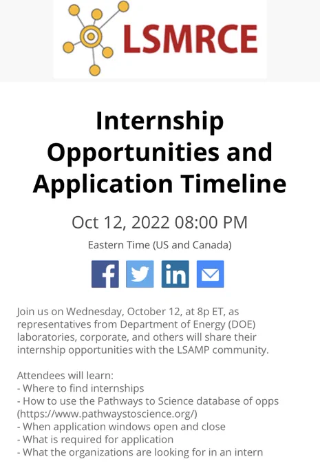 Attendees will learn:  Where to find internships *How to use the Pathways to Science database of opps (pathwaystoscience.org)  When application windows open and close  What is generally required for application  What the organizations are looking for in an intern