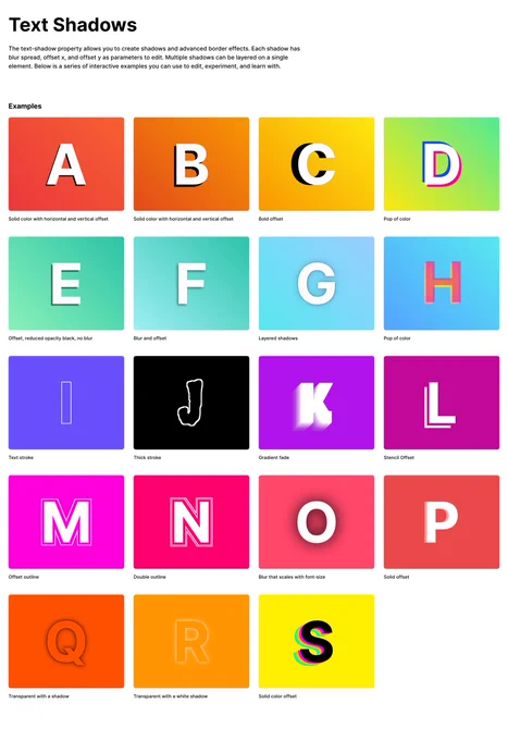 Screenshot of a grid of css examples for the text-shadow property. Each cell has a different letter of the alphabet. There are 19 examples showing letters from a-s. There are colorful background on each of the examples. 