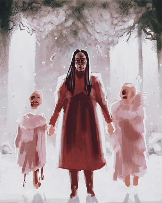 art i did of my beautiful wife loab in her big red dress holding the hands of two spooky children