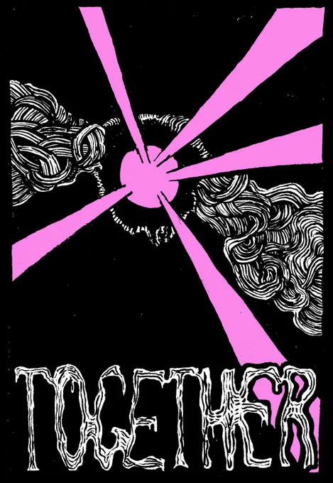 An orb of pink light shines out from a cavity in the centre of an indistinct piece of flesh. On either side of the piece of flesh are ribbons of sinew, impossibly knotted. At the bottom of the frame, the text reads "Together." The letters are rendered similarly to the ropey muscle strands of the image.