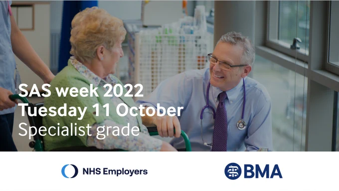 A photo of a doctor smiling while in conversation with a patient. The caption says: SAS week 2022, Tuesday 11 October, Specialist grade