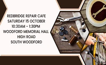 patterned banner with repair related images and event details