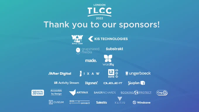 Blue graphic: TLCC London logo   text "Thank you to our sponsors!" and logos for every TLCC sponsor that can be found at the link in post.