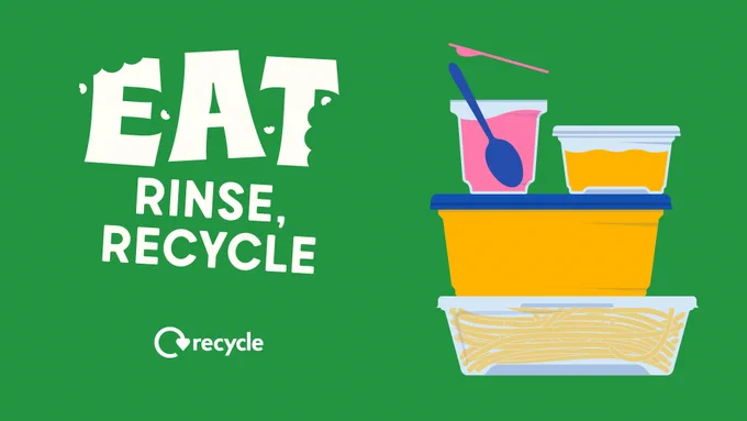 Image: graphic of yoghurt pot, margarine tub and takeaway containers with food inside. Text: Eat, rinse, recycle.