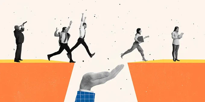 Illustration of professionals leaping over a gap between two cliffs with a hand ready to catch them