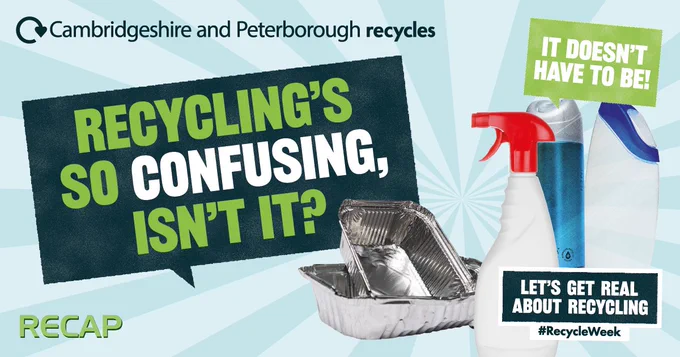 Images: foil tray, spray bottle, aerosol and shampoo bottle. Speech bubbles. Text: Recycling's so confusing, isn't it? It doesn't have to be! Let's get real about recycling.