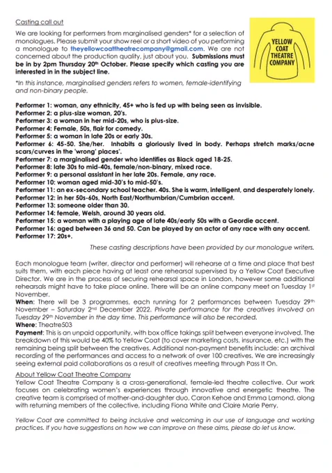 A screenshot of the call out for performers. A link to the call out is available in the next tweet in the thread.