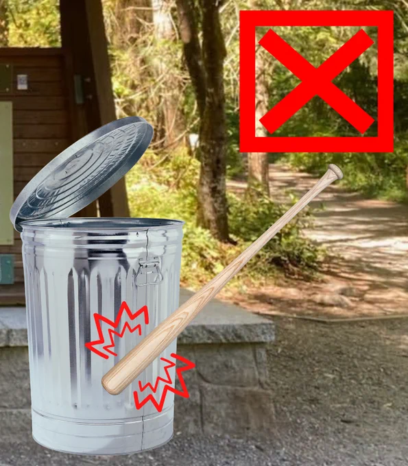 A wooden baseball bat clangs against a trailhead trash can, disrupting nature and fair play all at once. A big red X hovers in the right-hand corner, announcing its disproval. The red X wants peace. The red X wants quiet. The red X wants justice.