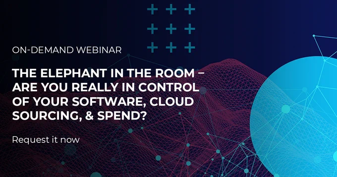 iocns, bubbles and digits on a purple background, text "On-demand webinar - The Elephant in the Room – Are You Really in Control of Your Software, Cloud Sourcing, & Spend? - request it now"