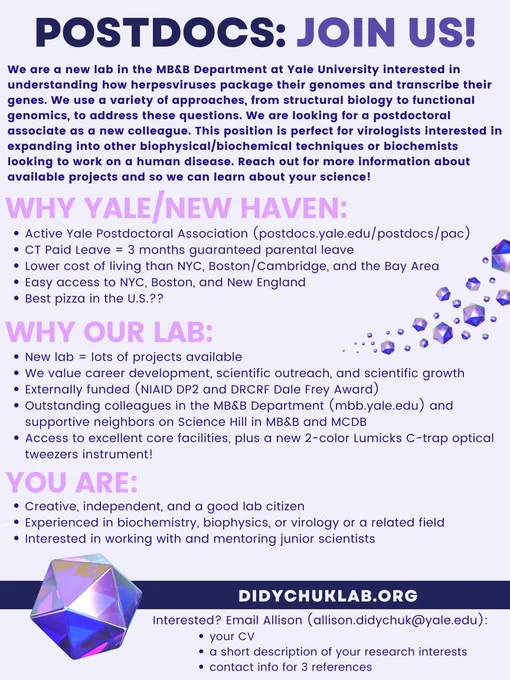Postdoc ad - Didychuk lab. We are a new lab in the MB&B Department at Yale University interested in understanding how herpesviruses package their genomes and transcribe their genes. We use a variety of approaches, from structural biology to functional genomics, to address these questions. We are looking for a postdoctoral associate as a new colleague. This position is perfect for virologists interested in expanding into other biophysical/biochemical techniques or biochemists looking to work on a human disease. Reach out for more information about available projects and so we can learn about your science!

Interested? Email Allison (allison.didychuk@yale.edu) your CV, a short description of your research interests, and contact info for 3 references. 