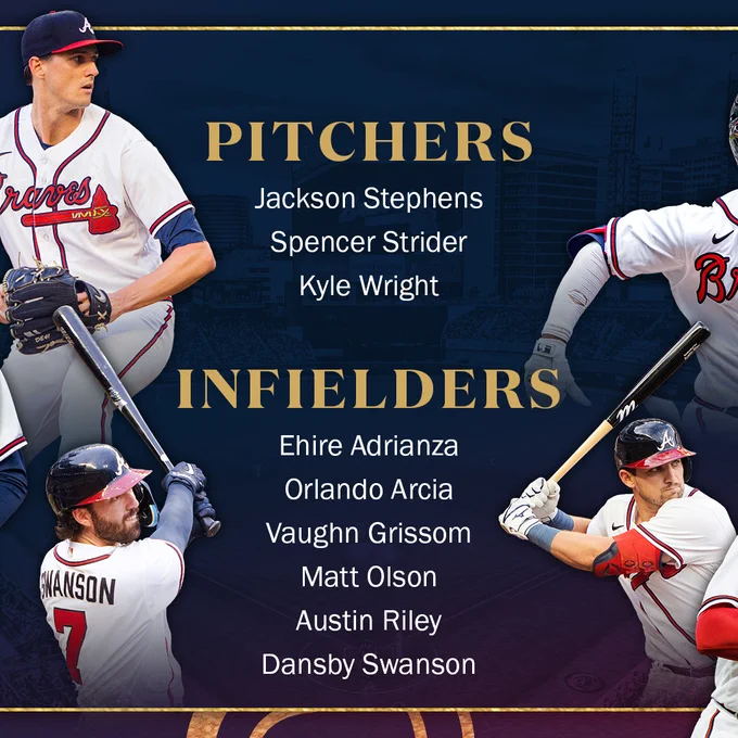 Pitchers: Jackson Stephens, Spencer Strider, Kyle Wright. Infielders: Ehire Adrianza, Orlando Arcia, Vaughn Grissom, Matt Olson, Austin Riley, Dansby Swanson.