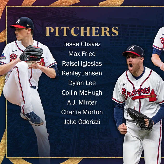 Pitchers: Jesse Chavez, Max Fried, Raisel Iglesias, Kenley Jansen, Dylan Lee, Collin McHugh, A.J. Minter, Charlie Morton, Jake Odorizzi