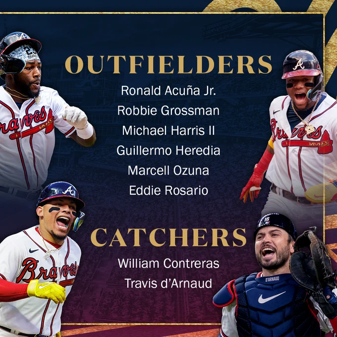 Outfielders: Ronald Acuña Jr., Robbie Grossman, Michael Harris II, Guillermo Heredia, Marcell Ozuna, Eddie Rosario. Catchers: William Contreras, Travi d'Arnaud. 