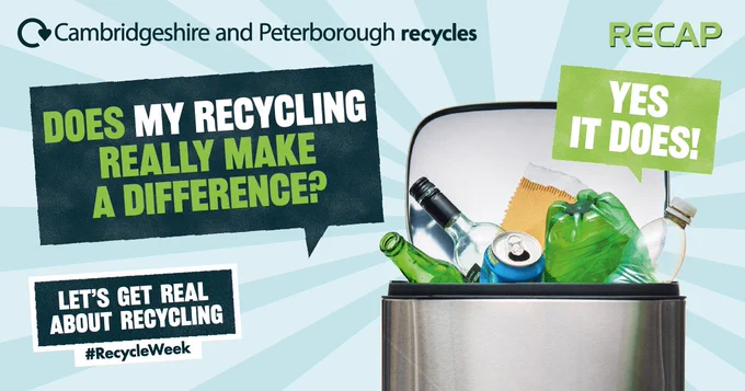 Image: kitchen bin containing bottles, jars and paper packaging. Speech bubbles. Text: Does my recycling really make a difference? Yes it does! Let's get real about recycling.
