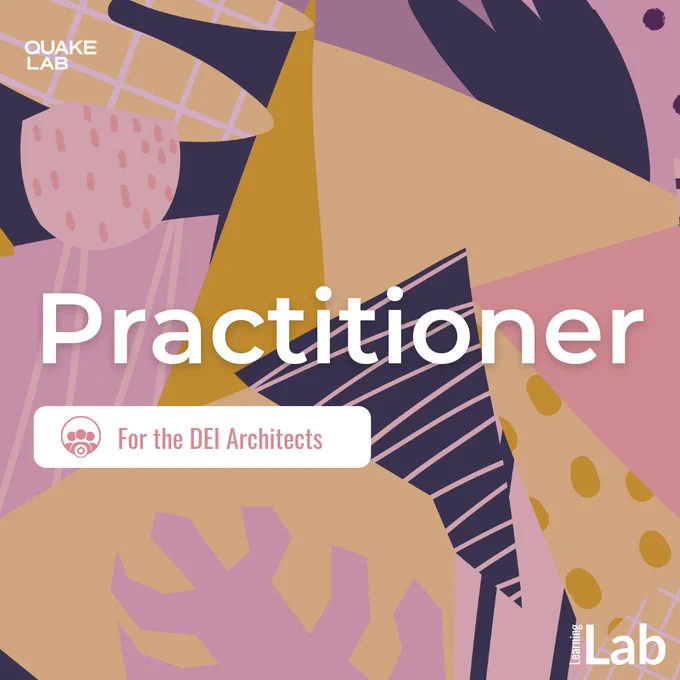 The words 'Practitioner' in bold white letters, and below that 'For the DEI architects.' It is on a background that is dark pink, purple and yellow. The QuakeLab logo is in the top left corner and the Learning Lab logo is in the bottom left corner.
