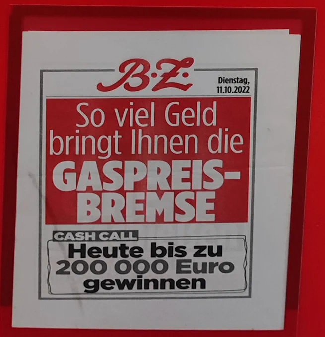 BZ Schlagzeile: So viel Geld bringt Ihnen dieGaspreisbremse. Darunter: Heute bis zu 200.000 Euro gewinnen