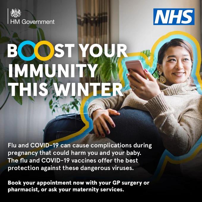 Background photo of a pregnant lady. Text reads: Boost your immunity this winter. Flu and COVID-19 can cause complications during pregnancy that could harm you and your baby. The flu and COVID-19 vaccines offer the best protection against these dangerous viruses.