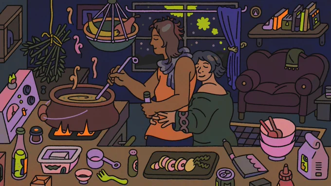 A cozy kitchen scene, illustrated by Sophia Foster-Dimino. Anna is cooking a big pot of soup while Sophie hugs her from behind.