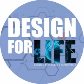 Circle shaped blue Banner with the text "Design for Life, Saúde, Bem-Estar, Experiéncia" and some medical inspired illustration