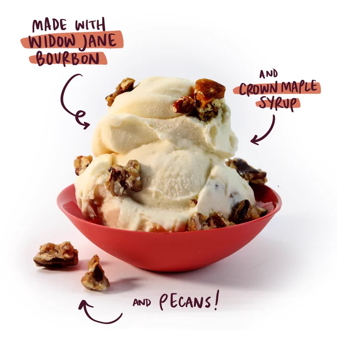 A red bowl with Maple Bourbon Barrel  ice cream is shown with graphic text reading "made with Widow Jane bourbon" "and crown maple syrup" "and pecans!".