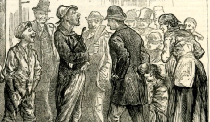 A black and white drawing depicting a singer performing for a group of people. 