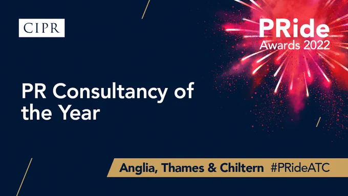 CIPR and PRide Awards Logo. PR Consultancy of the year. Anglia, Thames and Chiltern region.