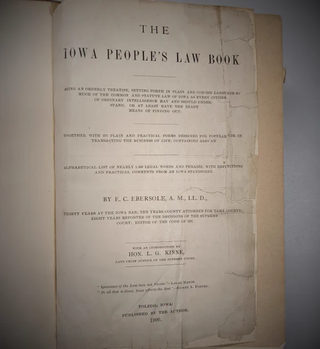Photo of the title page from the Iowa People's Law Book, published in 1900
