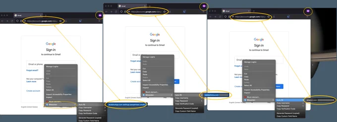 Bitwarden offers to autofill 3 different credentials on Google accounts login page  