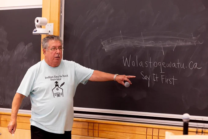 Allan Tremblay, Elder and Educator of the Wolastoqey tribal council, delivers a presentation during Bates' Indigenous People's Day programming.