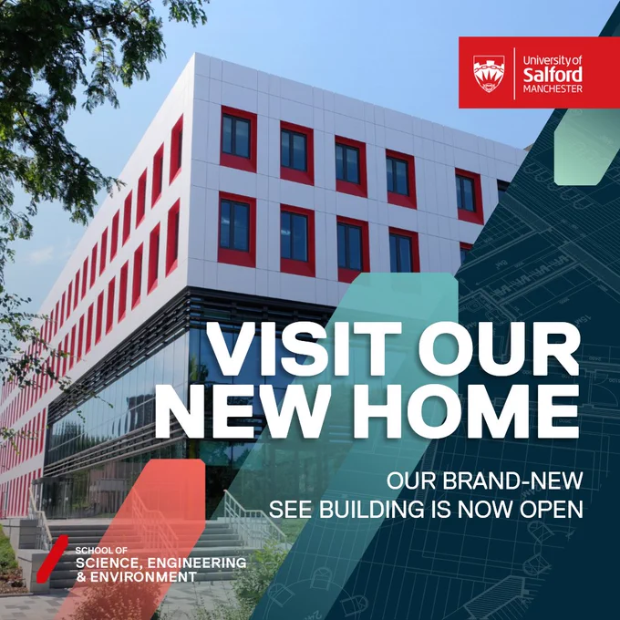 A photograph of the exterior of the new Science, Engineering and Environment building, which has a white facade with red-framed windows. Text overlaid reads "Visit our new home. Our brand new SEE building is now open".