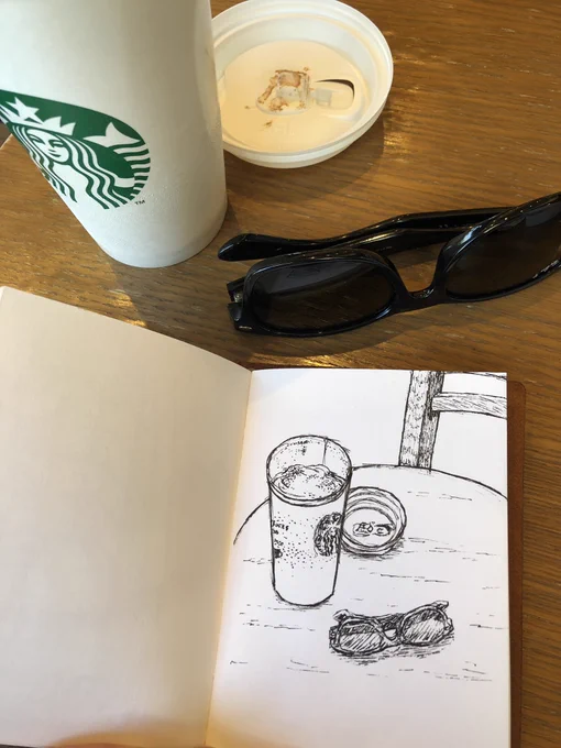 Photo looking down at a Starbucks coffee cup and sunglasses on a wood table, a pen-and-ink sketch of the same items from the same angle next to them.